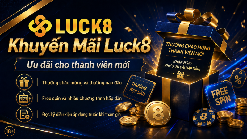 Logo Luck8 trên banner khuyến mãi với hộp quà, đồng xu vàng, free spin và ưu đãi cho thành viên mới